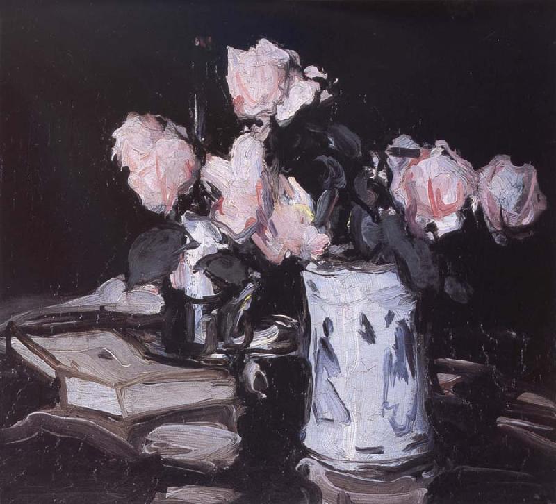 Samuel John Peploe Roses in a Blue and White Vase,Black Background France oil painting art